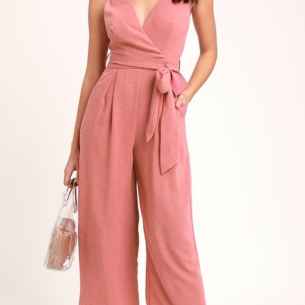 NWT Lulus Rose Surplice Neck Deep V Back Cropped Wide Leg Jumpsuit Size Small